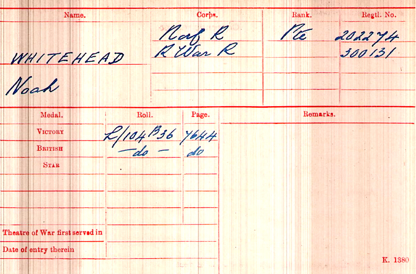 WWI Medal Rolls Index Card